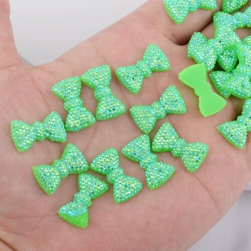 BOLIAO Hot 20Pcs 12*20 mm (0.47*0.79 In) Green Bow Shape Resin AB Crystal Scrapbook Clothes Home Holiday Decoration No Hole