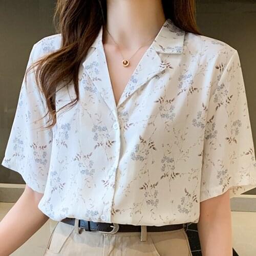 Blouses Top Femme Short Sleeve Print Chiffon Blouse Shirt Blouse Women Blusas Mujer De Moda 2021 Verano V-Neck Tops Women E799