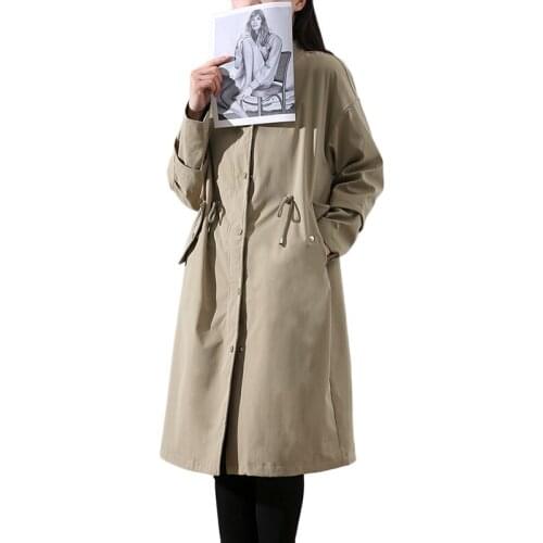 Womens Windbreaker Jacket 2021 Spring New Long Drawstring Stand-up Collar Rench Coat Khaki Grey Casual Windproof Overcoat Femme
