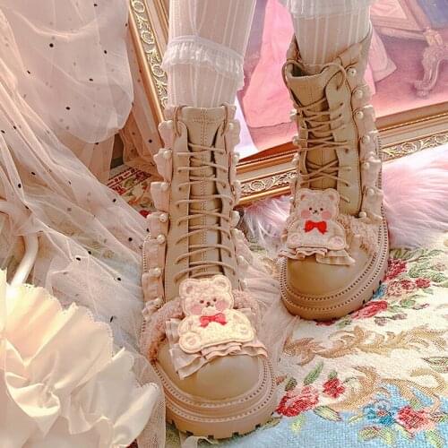 Womens Round Toe Lace Ankle Boots Chunky Heel Bear Shoes DIY Lolita Sweet Princess Girls X-mas Gift