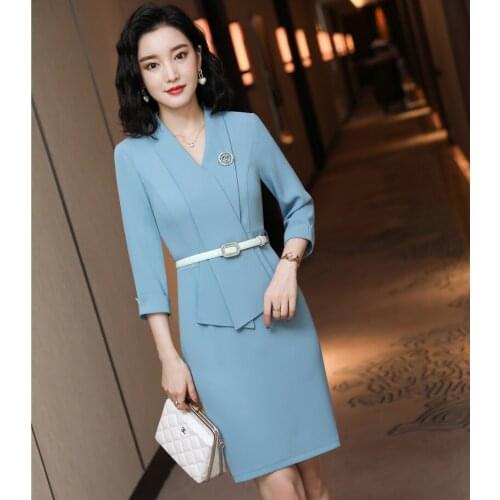 Elegant Blue Half Sleeve Dresses Sping Summer Slim Hips Women Business Work Wear V-neck Dress Beauty Salon Vestidos with Belt