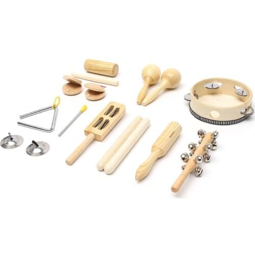 10pcs/Set Wooden Percussion Toddler Toys Band Kit Early Educational Drum With Bag For Kid Children