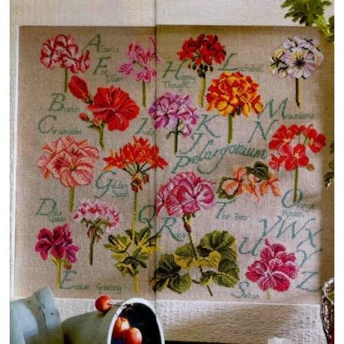 14/16/18/27/28 Beautiful Counted Cross Stitch Kit Geranium Flower Alphabet Alphabetic List Dictionary Letters Flowers