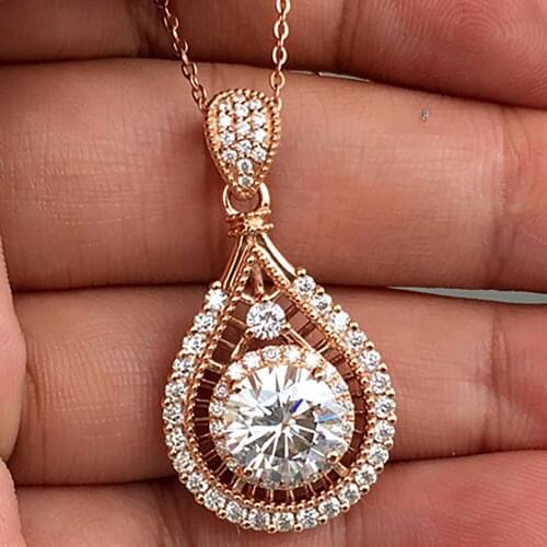 14K Rose Gold Women Pendants Necklaces Moissanite Diamond 0.5 1 2 3 4 5 Ct Round Water Drop Wedding Anniversary Engagement Party