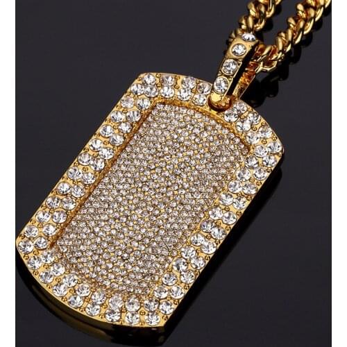 Full Rhinestone Crystal Dog Tag Pendant Necklace Star Jewelry Men Hip Hop Dance Link Chain Gold Silver Blingbling