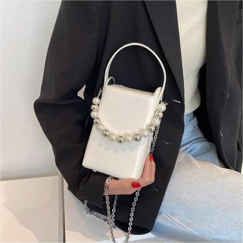 Elegant Pearl Beaded Pu Leather Shoulder Bags for Women 2021 Solid Chain Luxury Brand Handbags Fashion Female Crossbody Bag Tote