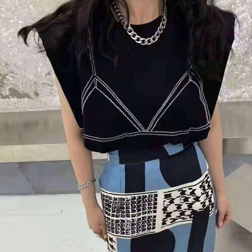 Heavy Diamond Sleeveless T-shirt Women Casual Loose O-neck Shoulder Pad Vest Tops Harajuku Tshirts