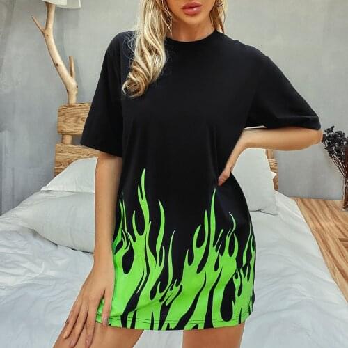 Graphic Funny Flame Pattern Print T-shirt O Neck Casual Womens Top T-shirt Womens T-shirt 90s Summer Harajuku Tops #T2G