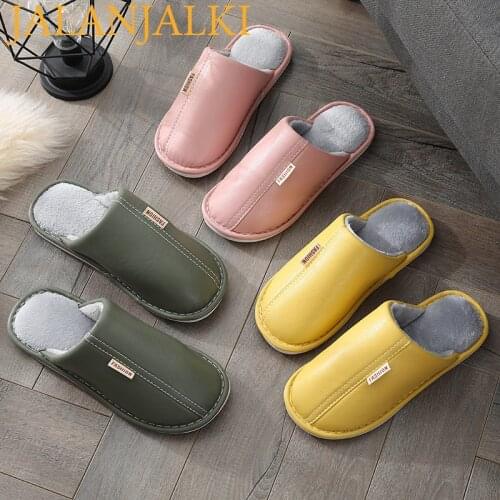 JALANJALKI Winter Warm Plush Lining Home Women Shoes PU Leather Waterproof Men Slippers Non-slip Sole Indoor Ladies Soft Slides