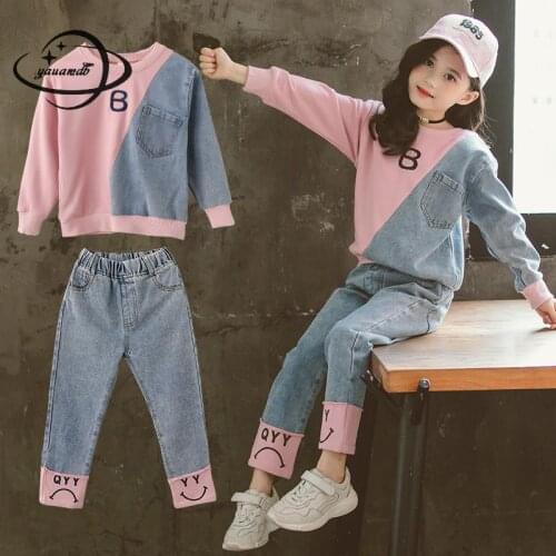 Kids Clothing Set Spring Autumn Girls Sweatshirts+pants 2pcs Suits Pullover Patchwork O-neck Cowboy Loose Childrens Clothes H68