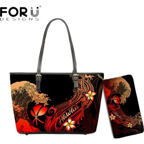FORUDESIGNS Luxury Designer Womens Bags Set Hawaii Polynesian Plumeria Waves Print Female Shoulder Bolsa Party Totes Bag Purse