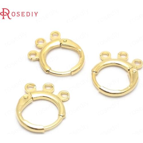 34413)10PCS 11.5MM inside 9MM 24K Gold Color Plated Brass Loop Earrings Hoops with 3 Hanging Holes Jewelry Findings Accessories