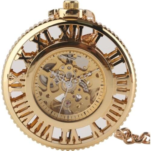 Fashion Hollow Gold Roman Numerals Hand Winding Mechanical Pocket Watch Skeleton Chain Pendant Men Watches Clock Gift 2018 New