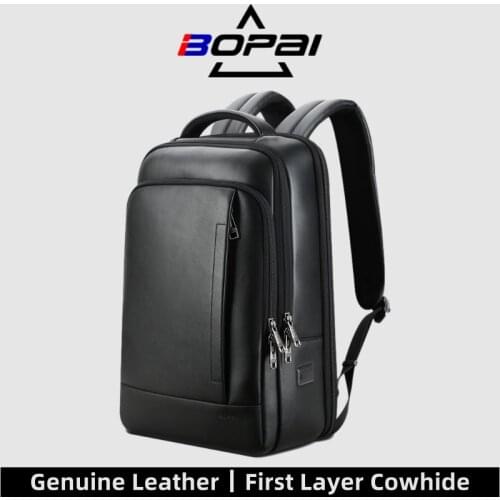 BOPAI Genuine Leather Backpack Men Business 15.6 Inch Laptop Anti-Theft Waterproof Large Capacity Male luxurious Bags USB Charge