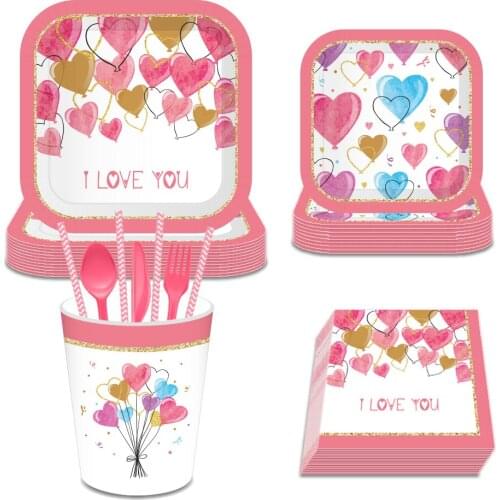 Happy Valentines Day Sweetheart Dinner Plates Party Decoration L Love You Disposable Tableware Sets Happy Birthday Party Favors