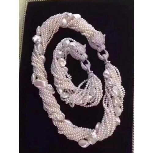 New design handmade 10row white pearl necklace 18"& bracelet 8"