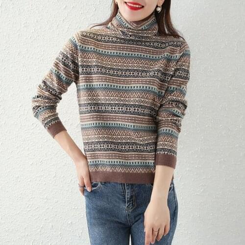 2021 Autumn Winter New Cashmere Sweater Womens Pile Collar Jacquard Pullover Fashion Korean Wool Knitted Turtleneck Base Shirt