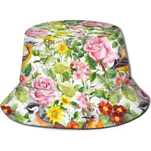 CINESSD Watercolor Flowers Meadow Grass Birds Bucket Hat Summer Hats Fisherman Hat Foldable Women Men Sunscreen Shade Caps