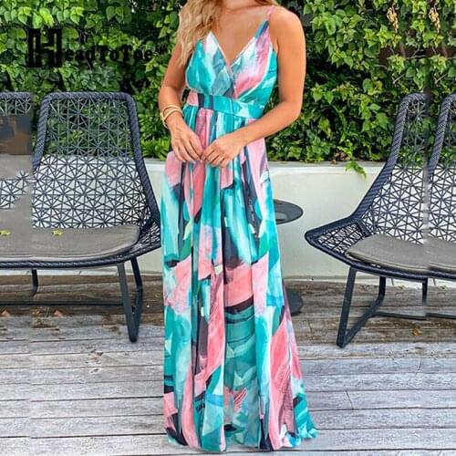 Floral Print Bohemian Beach Style Dresses for Women Sleeveless V Neck Floor Length Slim Pencil Dress Women