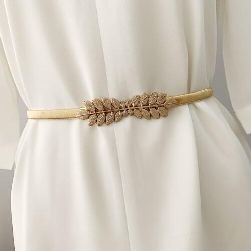 Gold Elastic Belt For Women Flower Leaf Ladies Waist Belts For Dresses Stretch Skinny Metal Female Belt Elastische