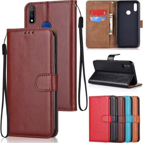 Luxury Pu Leather Case for Realme 3 Pro Funda Cards Wallet Stand Holder Book Style Phone Cover with Strap
