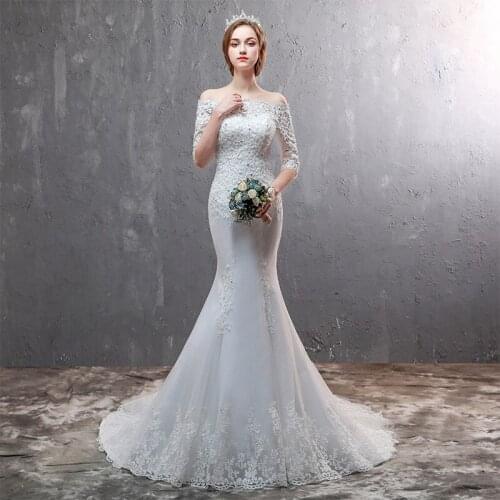 Wedding Dress 2021 Bride Small Trailing New One-shoulder Fishtail Wedding Dress Bag Hip Slim Simple Lace Female Wedding Dress