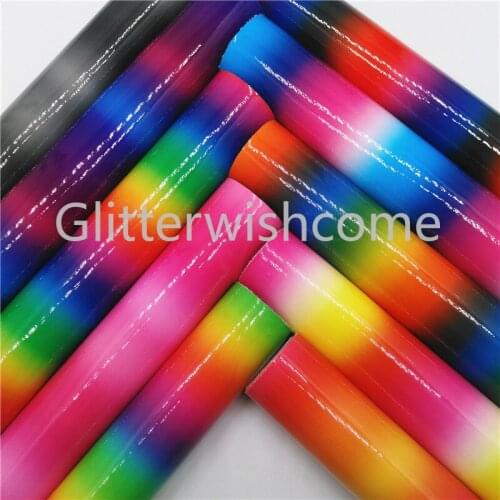 Glitterwishcome 21X29CM A4 Size Rainbow Smooth Faux Leather Fabric, Synthetic Leather Sheets, Patent PU Leather for Bows, GM500A