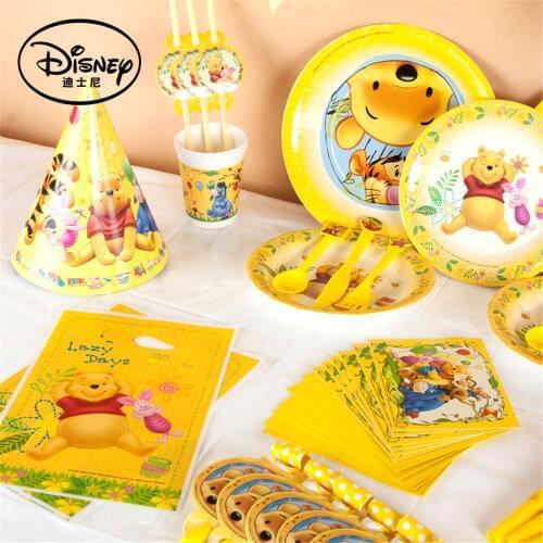 Winnie Bear Party Supplies Disposable Tableware Set Kids Birthday Baby Shower Tablecloth Cups Plates Spoons Party Decoration