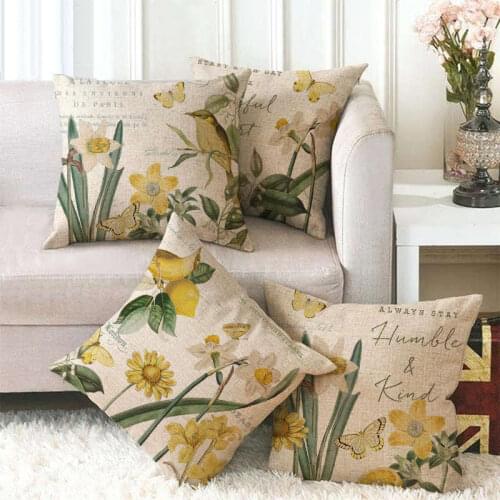 Linen Vintage Decorative Bird Pillowcase Butterfly Lianhua Printed Sofa Car Waist Cushion Cover Accessories 45x45cm