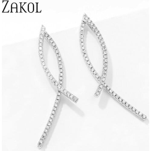 ZAKOL European and American Simple Lines Cross Long Stud with Cubic Zirconia Female Star Temperament Two Ears Jewelry FSEP2560