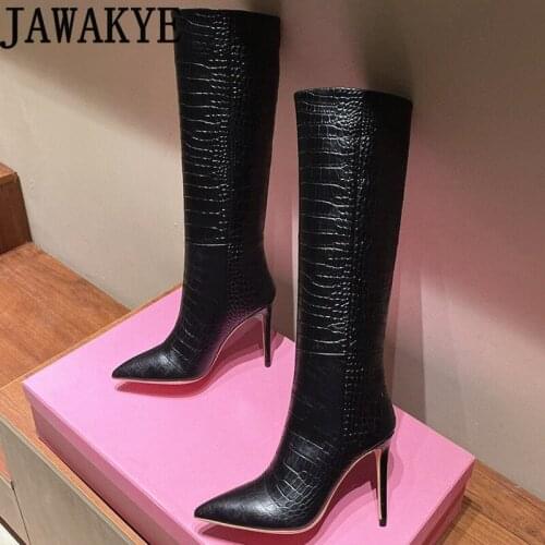 New High-quality Knee High Boots Crocodile Leather pointy toe Slim stiletto Chelsea Boots Winter Fashion Week Boots botas Mujer