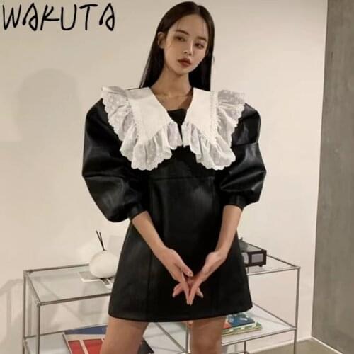 WAKUTA Fashion Puff Sleeve Women PU Leather Petre Pan Collar Dress Vintage High Street Female Faux Leather Mini Vestidos 2021