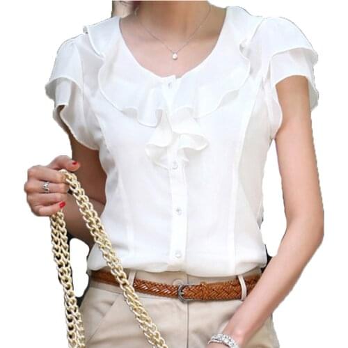 2020 Summer New Chiffon Women Shirts Ruffles Solid V-Neck Office Lady Elegant White Shirts Short-Sleeved Outwear Tops