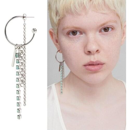 21 spring new green opal rhinestone chain tassel C-shaped ear ring exaggerated single earring female