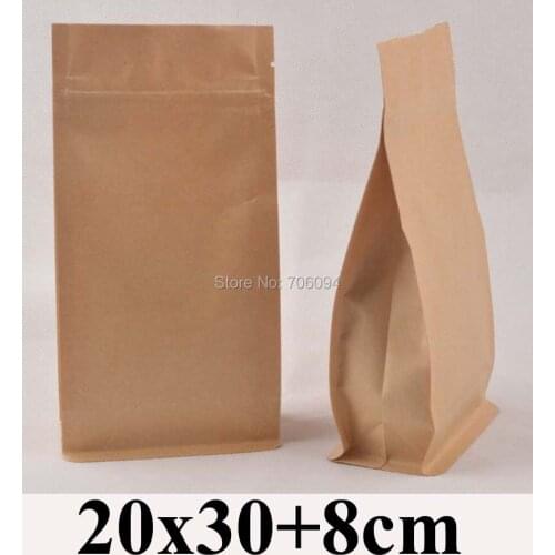 60PCS 20*30+8cm Flat bottom stand up ziplock kraft bag 7.9''*11.8'' side gusset zipper kraft bag coffee tea nut kraft paper bag