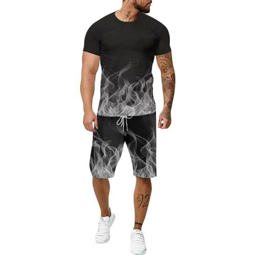 63# Men Clothing 2021 Mens Summer Leisure Sports Suits 3d Flame Print Fitness Outdoor Running T Shirt Shorts Two-piece Suit
