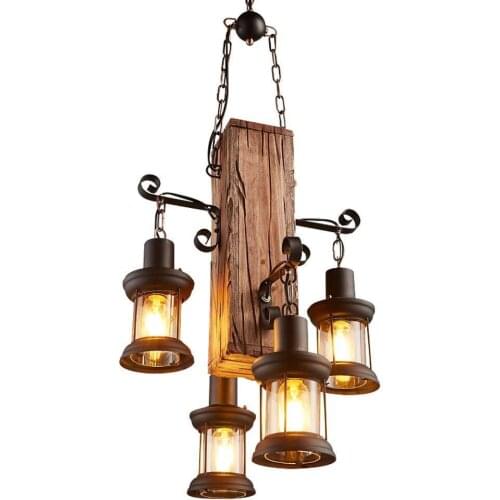 American Country Nostalgic Loft Retro Solid Wood Chain Pendant Lights with Edison Bulb for Boat Decorative Cafe Bar Counter
