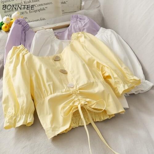 Blouses Women Solid Casual Spring Slash-neck Flare-sleeve Folds Slim Sexy Vintage All-match Tops Button Ladies Fashion Kawaii BF