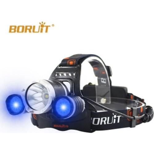 BORUIT RJ-3000 1xCREE XM-L2 White Light +2xCREE XPE R2 Blue Light 1600 Lumens 3-Mode Fishing USB Rechargeable LED Headlamp (2x18