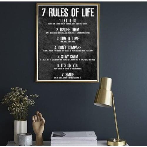 Black and White Text 7 Rules of Life Inspirational Canvas Poster Office Classroom Bedroom Frameless Painting Canvas Art Wall