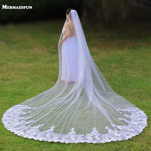 Real Photos 4 Meters Luxury Bling Sequins Lace Long Wedding Veil with Comb One Layer Bridal Veil 4 M Velo de Novia