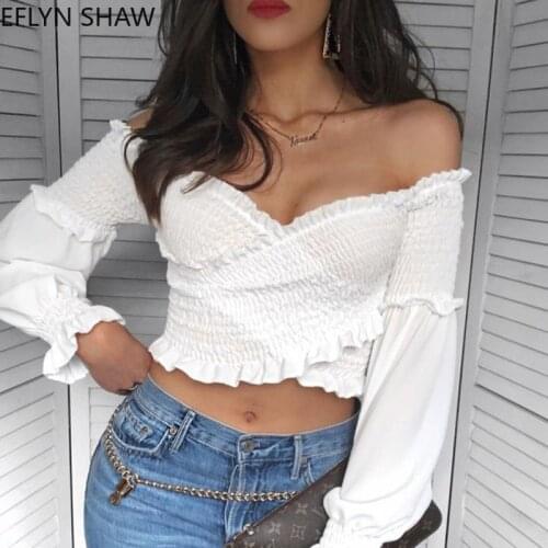 Sexy Off Shoulder Crop Tops Women 2021 Summer Fashion Slash Neck Shirts Chic Pleated Elastic Slim Tops Female Solid Color Blouse