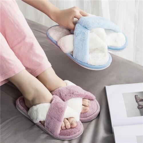 KushyShoo Winter Women Home Slippers with Faux Fur Fashion Warm Shoes Woman Slip on Flats Female Slides Blue Pink