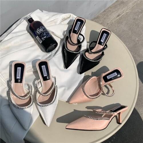 Pink Mules Rhinestone Womens Mules Shoes Women Designer Slides Slip On Woman Slippers Crystal Mule High Heels