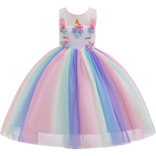 New Girls Rainbow Color Unicorn Dress for Kids Lovely Flower Appllique Embroidery Xmas Dress Girlss Boutique Clothing