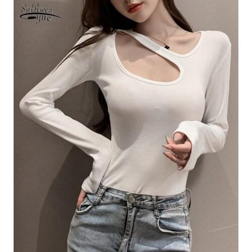 Solid Hollow Out Long Sleeve T-shirt Retro 2021 Autumn New Korea Fashion T-shirt Slim Irregular Sexy Elegant Shirt Blusas 16522