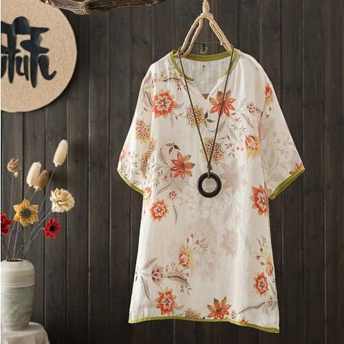 Summer Chinese Style Floral Printed Dress Short Sleeved Casual Cotton Linen V-Neck Cotton Linen Dresses Pullovers Mini Vestidos