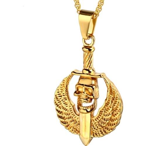 RIR Punk Rock Devil Angel Demon Wing Skull Sword Pendant Gold Necklace Stainless Steel Mens Hip Hop Jewelry Accessories LP1141