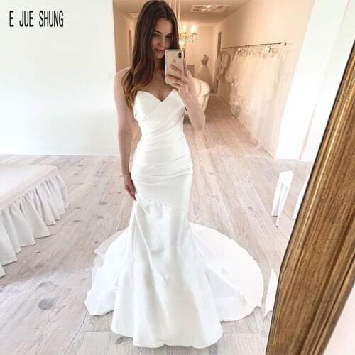 E JUE SHUNG Simple Pleats Mermaid Wedding Dresses Strapless Backless Formal Bridal Dresses White Wedding Gowns Vestido De Noiva