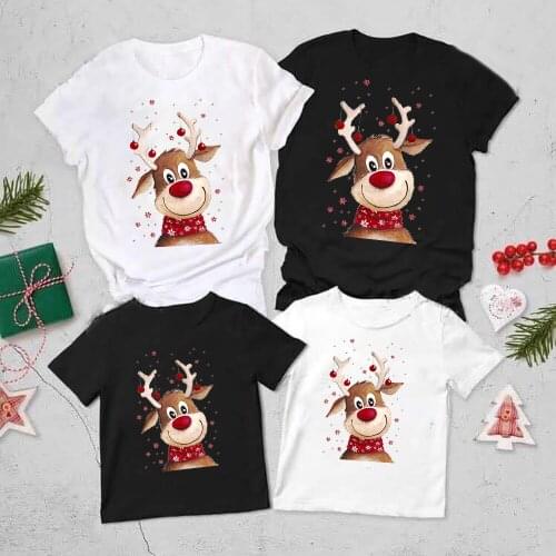 Merry Christmas Cute Deer Animal Printed Family Matching Clothes T-shirt Outfit Harajuku Fashion Regular Casual Tees Xmas Gifts